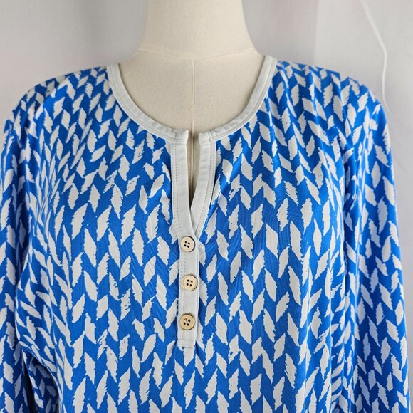J.McLaughlin Catalina Knit Top Sz XL Blue & White Geometric Print Long Sleeve - Picture 2 of 9
